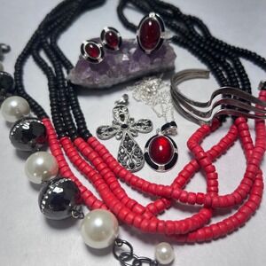 Mixed Jewelry Lot Red Black Goth Statement Necklace Bracelet Ring Earrings Cross